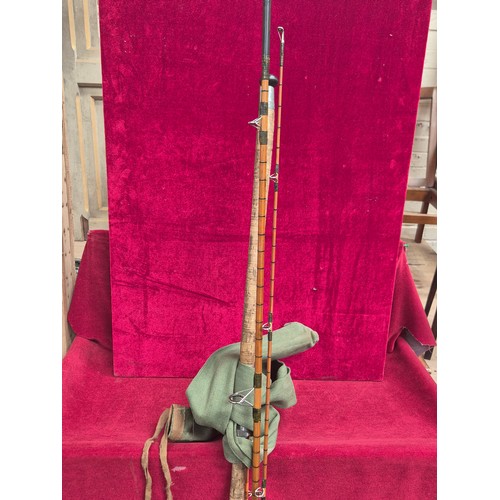 155 - Vintage bamboo cane fishing rod, with maker's label for Norman Toye Ltd (Mk IV), Bexleyheath. Togeth... 