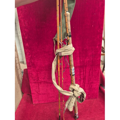 155 - Vintage bamboo cane fishing rod, with maker's label for Norman Toye Ltd (Mk IV), Bexleyheath. Togeth... 