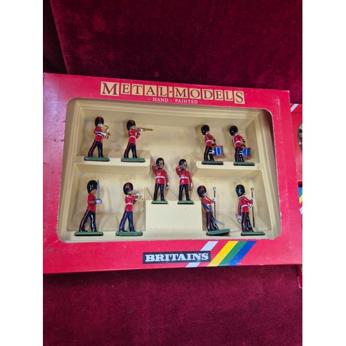 187 - 3 boxed sets Britains including Scots Guards Drums & Bugles 10 models, 6 Black Watch Highlanders 723... 