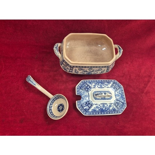 122 - Miniature ironstone pottery sauce tureen with original lid and matching ladle. Rectangular with cut ... 