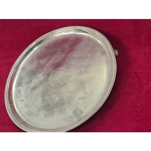 133 - Vintage silver plated oval serving tray, with foliate chased engraving and pierced gallery. 45cm x 3... 