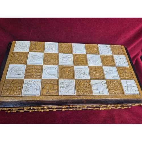 137A - Aztec Mayan style chess set with board - Spanish Conquistador & native pieces - complete.