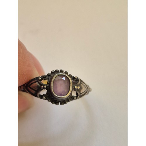 74 - 3 vintage silver rings with 925 marks, one with lilac coloured stone and a fourth ring in white meta... 