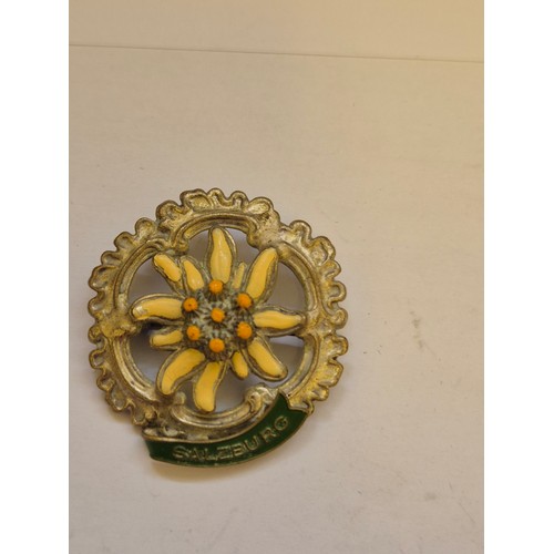 81 - Small collection of vintage badges including The Queens Bays cap badge, Austrian souvenir badges, pr... 