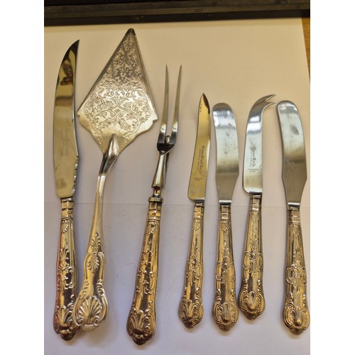 76 - Sterling Silver King's Pattern cutlery including carving knife & fork, cheese knife etc (all hallmar... 
