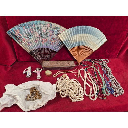 87 - 1930s Japanese lacquered jewellery box with contents of costume jewellery, 2 porcelain pincushion do... 