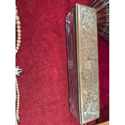 87 - 1930s Japanese lacquered jewellery box with contents of costume jewellery, 2 porcelain pincushion do... 