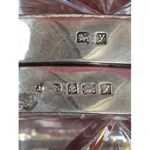 88 - A large John Grinsell & Sons cut crystal glass jar with sterling silver collars around the rims. Hal... 