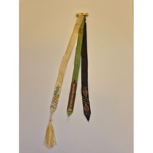 94F - Victorian Stevengraph bible book mark. Consisting of three silk ribbons hung from a turned bone bar,... 