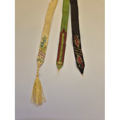 94F - Victorian Stevengraph bible book mark. Consisting of three silk ribbons hung from a turned bone bar,... 