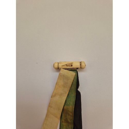 94F - Victorian Stevengraph bible book mark. Consisting of three silk ribbons hung from a turned bone bar,... 