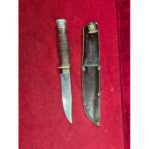 95 - A vintage Bowie Hunting Knife by A Wright & Son Sheffield with leather sheath. Blade 12.5 inches