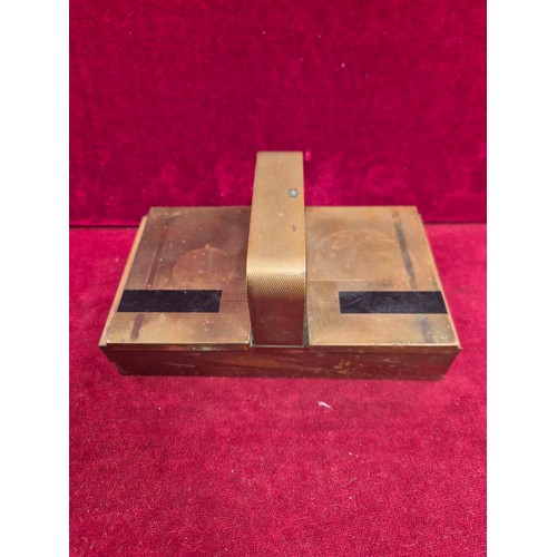 97 - Art Deco table Cigarette Box in brass -engine turned in geometric design with black enamel panel