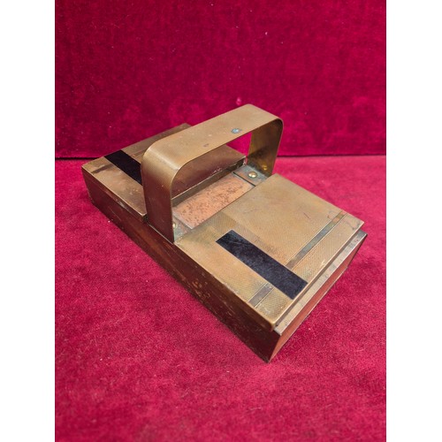 97 - Art Deco table Cigarette Box in brass -engine turned in geometric design with black enamel panel