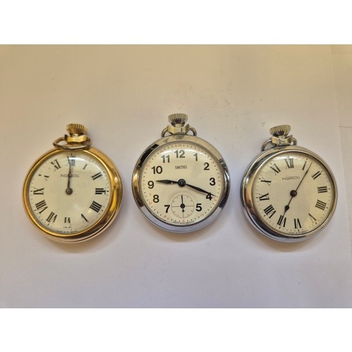 91 - 3x pocket watches, including a white metal Smiths with numerals and second dial (working), white met... 