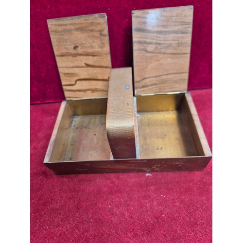 97 - Art Deco table Cigarette Box in brass -engine turned in geometric design with black enamel panel