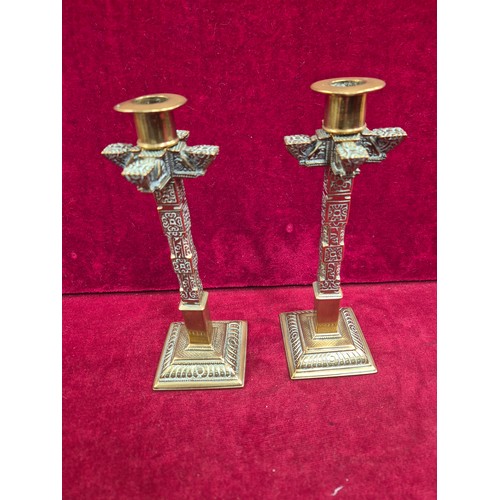 98 - Pair of late 19th / early 20th Century brass candlesticks, probably colonial era Ceylon (Sri Lanka) ... 
