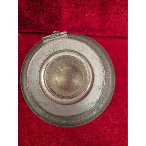 99 - An unusual early 20th Century Pewter Inkwell, the lid set with a brass plaque of St Bartholomew with... 