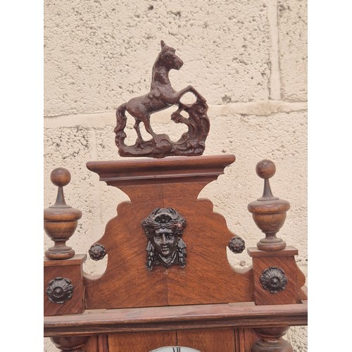 107 - German Junghans Vienna style wall clock, with pine case, mahogany veneer, prancing horse pediment, p... 