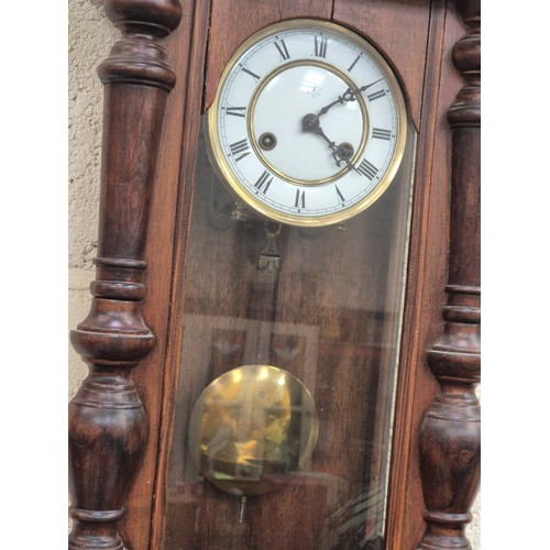 107 - German Junghans Vienna style wall clock, with pine case, mahogany veneer, prancing horse pediment, p... 