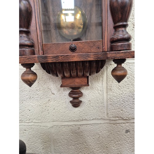 107 - German Junghans Vienna style wall clock, with pine case, mahogany veneer, prancing horse pediment, p... 