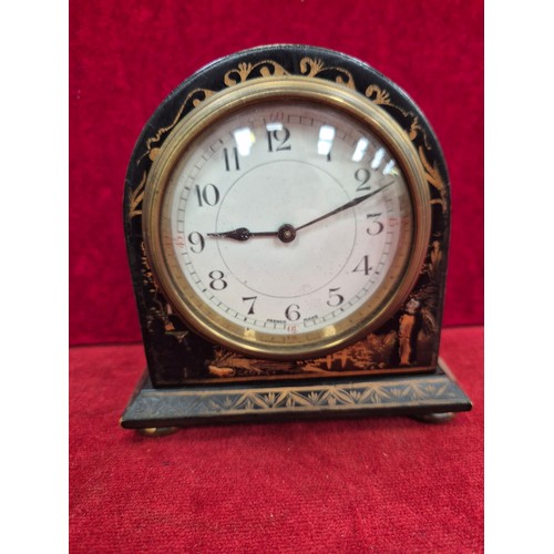 109A - Antique French Chinoiserie cased mantel clock, with black lacquer case decorated with gold coloured ... 