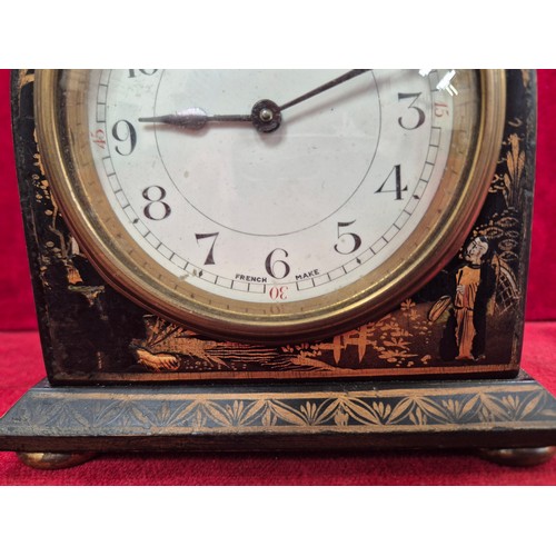 109A - Antique French Chinoiserie cased mantel clock, with black lacquer case decorated with gold coloured ... 