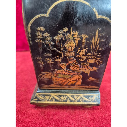 109A - Antique French Chinoiserie cased mantel clock, with black lacquer case decorated with gold coloured ... 