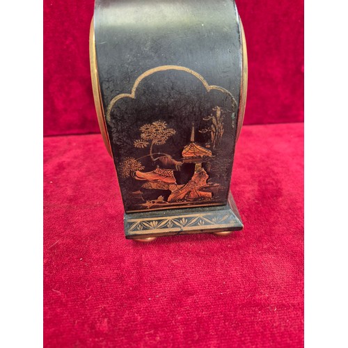 109A - Antique French Chinoiserie cased mantel clock, with black lacquer case decorated with gold coloured ... 