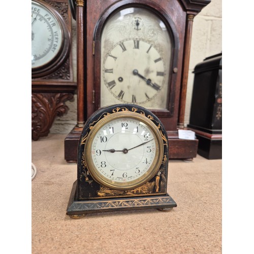 109A - Antique French Chinoiserie cased mantel clock, with black lacquer case decorated with gold coloured ... 
