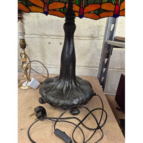 113 - Large Tiffany style table lamp (Modern), with dragonfly stained glass shade, bronzed effect art nouv... 