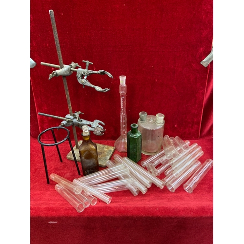 158B - Vintage chemistry items, including poison bottles, large amount of glass test tubes, Bunsen tripod a... 