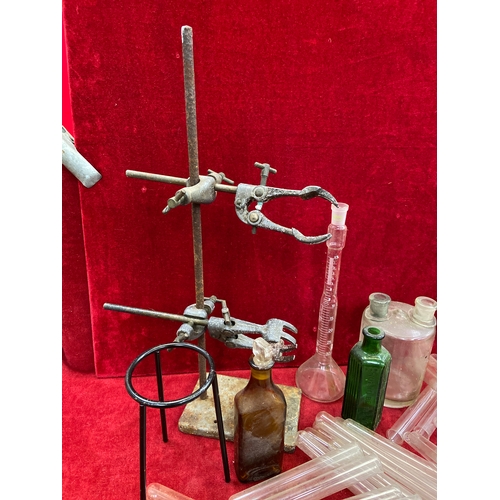 158B - Vintage chemistry items, including poison bottles, large amount of glass test tubes, Bunsen tripod a... 