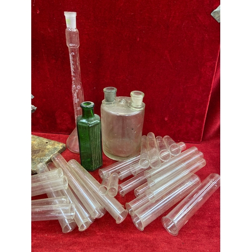 158B - Vintage chemistry items, including poison bottles, large amount of glass test tubes, Bunsen tripod a... 
