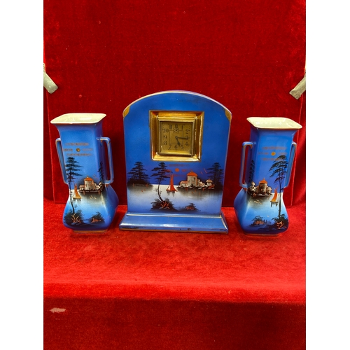 114A - Moonlight ware clock garniture set, made by Shaw & Copestake (SylvaC) c.1925-36.
Comprising of an ar... 