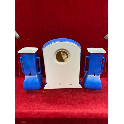 114A - Moonlight ware clock garniture set, made by Shaw & Copestake (SylvaC) c.1925-36.
Comprising of an ar... 