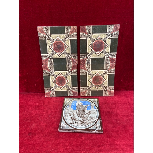 158C - 5x Victorian pottery tiles, including four arts and crafts geometric design fireplace tiles, along w... 