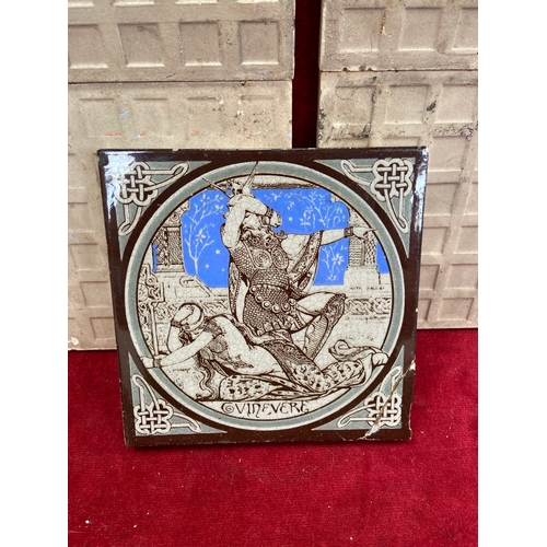 158C - 5x Victorian pottery tiles, including four arts and crafts geometric design fireplace tiles, along w... 