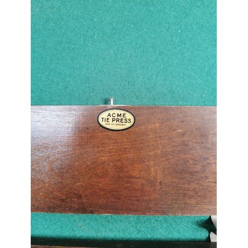 15A - Acme tie press Pat No. 214027. Lacquered wooden tie press with faux burr walnut and inlay design.