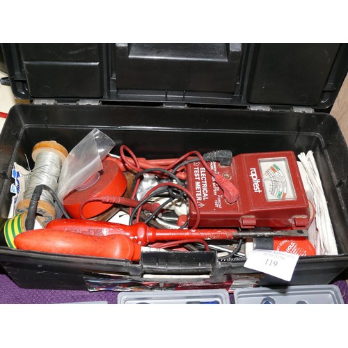 119 - SMALL ELECTRICAL TOOL BOX INCLUDING MULTIMETER, CONVECTOR, SOLDER ETC PLUS PRECISION TOOL KIT & SMAL... 