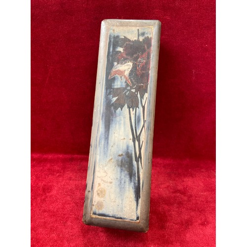 52 - Chinese lacquer brush/pen box, decorated on the lid with a small bird in a tree.