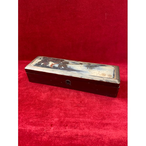 52 - Chinese lacquer brush/pen box, decorated on the lid with a small bird in a tree.