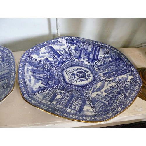 73 - BOXED RINGTONS GLASS BOWL FOR QUEENS 80TH BIRTHDAY PLUS A PAIR OF BLUE & WHITE RINGTONS PLATES