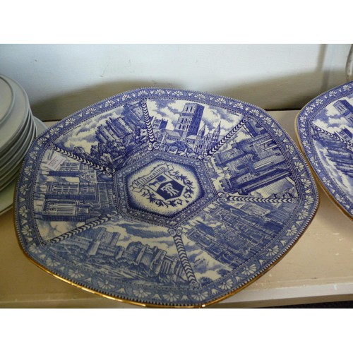 73 - BOXED RINGTONS GLASS BOWL FOR QUEENS 80TH BIRTHDAY PLUS A PAIR OF BLUE & WHITE RINGTONS PLATES