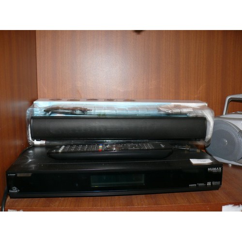 147 - HUMAX FREESAT BOX WITH REMOTE CONTROL PLUS ALBA STEREO CASSETTE PLAYER AND A NEW SOUNDBAR