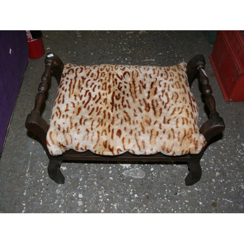 155 - VINTAGE WOODEN STOOL WITH PADDED SEAT UPHOLSTERED IN ANIMAL PRINT FABRIC