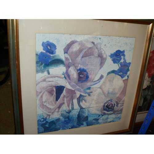 166 - LARGE FRAMED AND GLAZED WATERCOLOUR PLUS 2 PRINTS ALL FEATURING FLOWERS