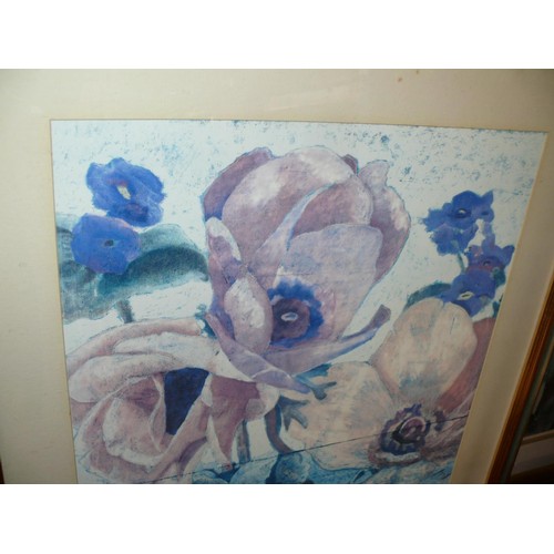 166 - LARGE FRAMED AND GLAZED WATERCOLOUR PLUS 2 PRINTS ALL FEATURING FLOWERS
