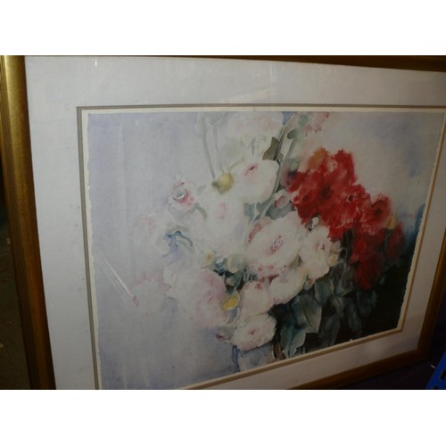 166 - LARGE FRAMED AND GLAZED WATERCOLOUR PLUS 2 PRINTS ALL FEATURING FLOWERS