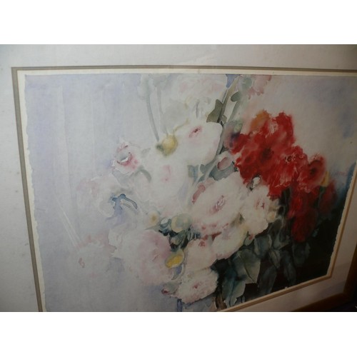 166 - LARGE FRAMED AND GLAZED WATERCOLOUR PLUS 2 PRINTS ALL FEATURING FLOWERS